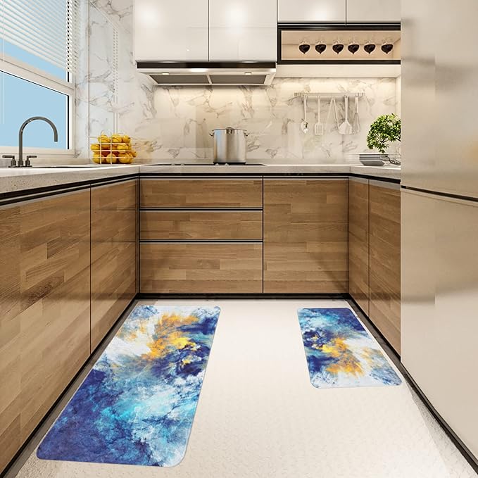 2 Pieces Kitchen Rugs, Abstract Anti Fatigue Non Slip Foam Cushioned Bright Yellow Royal Blue Modern Comfort Indoor Floor Mat Runner Rug Set for Laundry Office Sink Bathroom (17"X48"+17"X24")