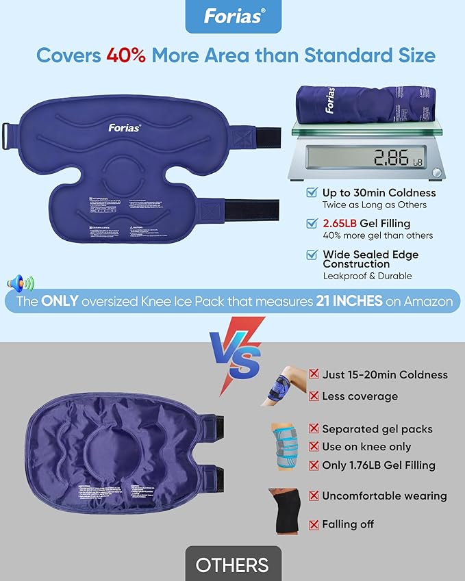 Forias 21" XXXL Ice Pack for Pain Relief, Gel Ice Packs for Injuries, Reusable Knee Ice Pack Wrap with Cold Compression for Knee After Surgery, Swelling, and ACL,Blue