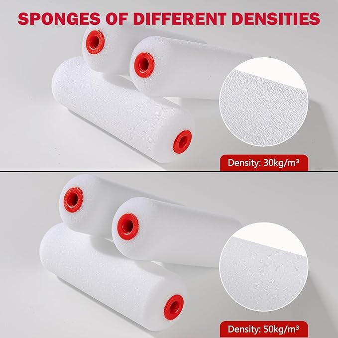Mister Rui 4" Foam Paint Roller Covers 5-Pack, 50kg/m³ High Density - Washable & Reusable for Smooth Finish on Furniture, Cabinets, DIY Projects