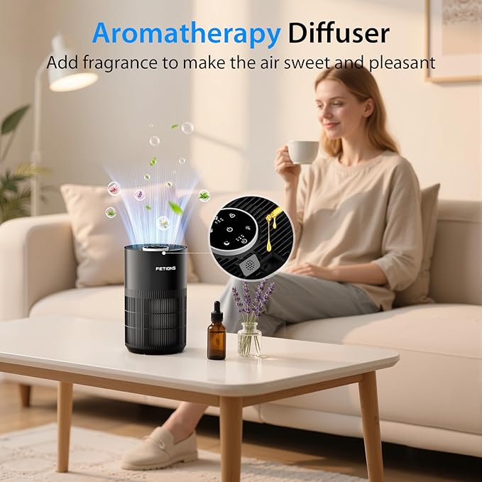 Air Purifiers for Bedroom Home, Quiet Air Cleaner With Sleep Mode Night Light, Small Air Purifier Covers Up to 1200ft², 360° Air Intake, 3 Speeds, Timer, Aroma Function, Black