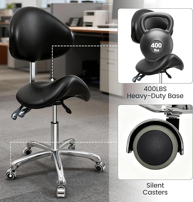 FreSup Saddle Stool, Ergonomic Saddle Chair with Back Support,Tattoo & Esthetician Chair with Wheels, Anti-Fatigue Design for Salon, Dental, Lab, Office and Home Kitchen (Black)