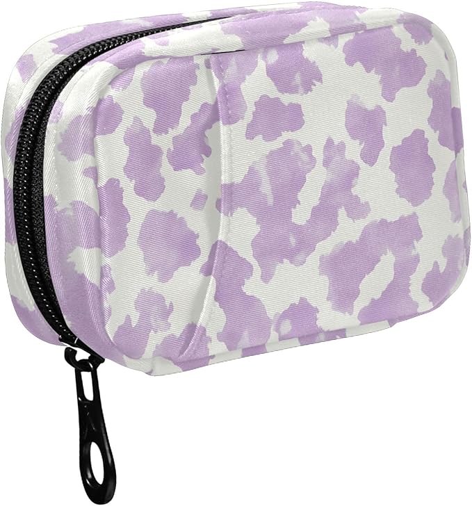 Fustylead Watercolor Light Purple and White Cow Skin Pill Organizer Travel Bag, Small Portable Pill Case Cute for Vitamin Fish Oil Supplements Medicine Organizer with Zipper