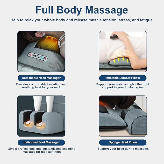 Full Body Massage Mat - 9 Massage Modes Electric Heating Vibration Massage Pad, Neck Foot Back Massage Detachable Massage Pillow, Anti-Slip Bottom Foot Massagers