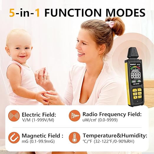 EMF Detector, 5-in‑1 Portable EMF Meter and Radiation Detector for RF, EF, MF, Temp, Humidity, WiFi Signal– Rechargeable EMF Reader with 3-Color Sound‑Light Alarm for Home,Office,Ghost Hunting