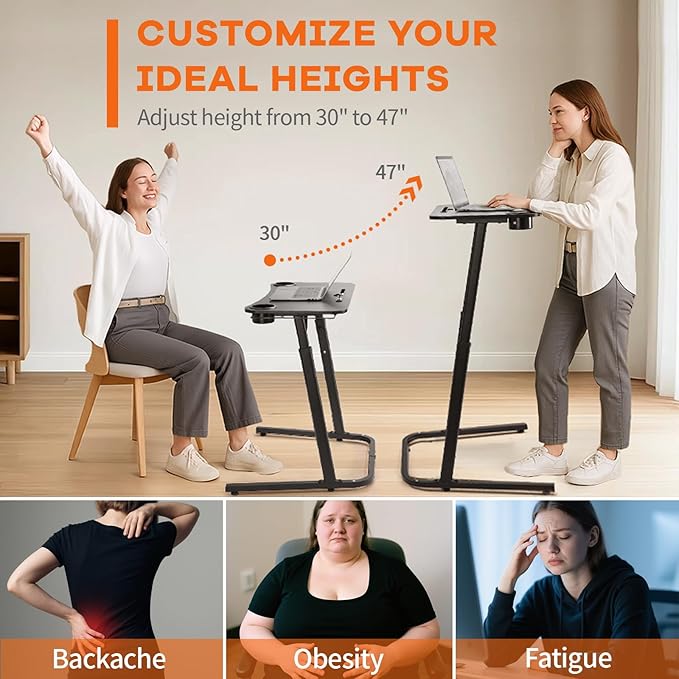 Treadmill Desk, Small Standing Desk for Walking Pad, 30-47 Inch Adjustable Height Walking Pad Stand for Treadmill, Portable Standing Table for Bike and Home Office Work - Black