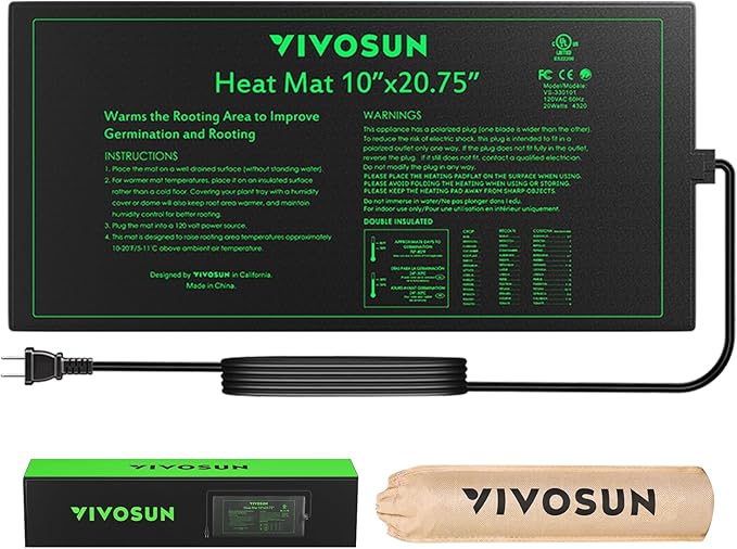 VIVOSUN Durable Waterproof Seedling Heat Mat 10" x 20.75" UL & MET-Certified Warm Hydroponic Heating Pad for Germination, Indoor Gardening, Greenhouse