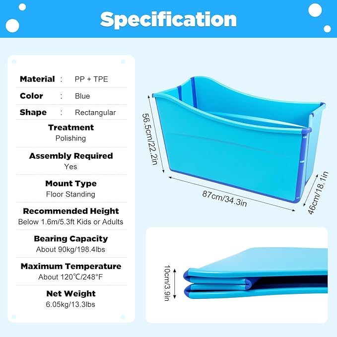 Large Home Foldable Bathtub, Blue Portable Ice Soaking Bath Tub for Adult in Bathroom, Freestanding Tub with 3.6ft Drain Hose & Drain Plug