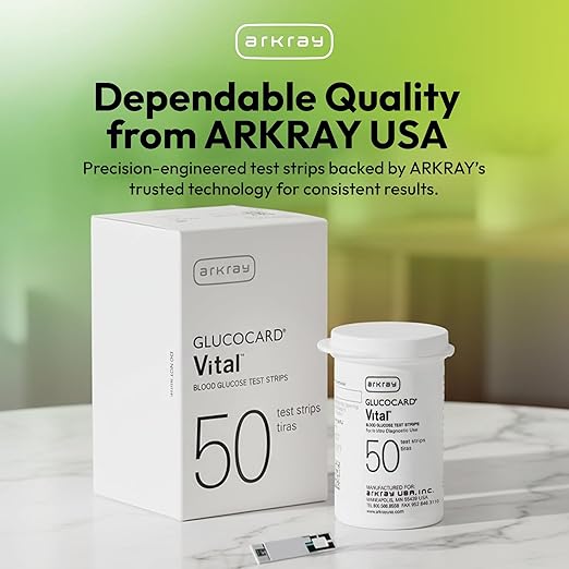 ARKRAY GLUCOCARD Vital Blood Glucose Test Strips – No Coding Required, Fast 7-Second Results, 0.5 Microliter Sample Size – Compatible with GLUCOCARD Vital Glucose Meter, 50 Count