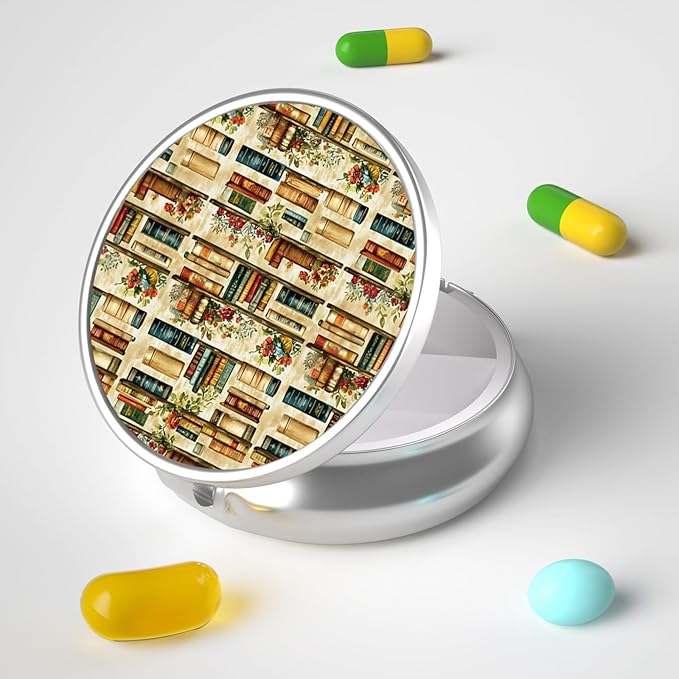 Pill Box, 3 Compartment Portable Travel Medicine Box with Mirror, Compact and Cute, Fits in Purse and Pocket, Medicine and Vitamin Organizer (Bookshelf)