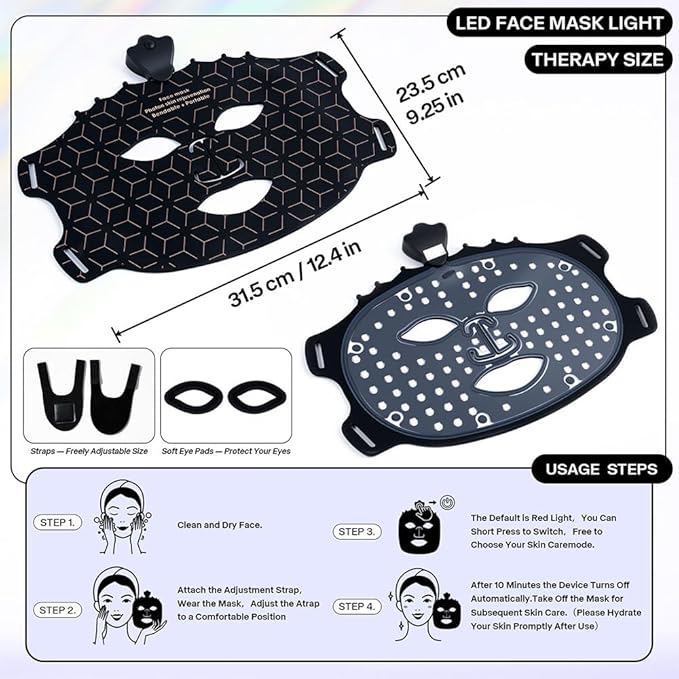 7 Colors Light Mask For Skin Care, Red Light For Face, Type-C Rechargeable Silicone Beauty Mask For Home (Black)