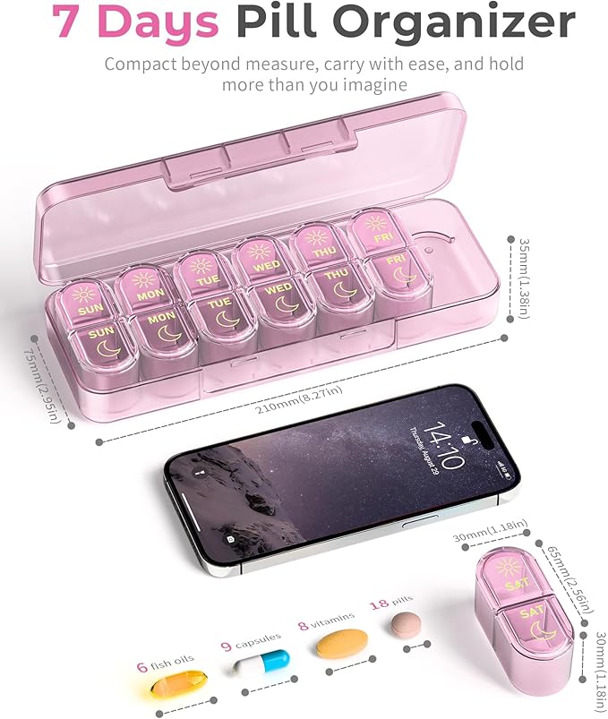 Pill Organizer 2 Times a Day, AM PM Pill Organizer 7 Day, Weekly Pill Box 2 Twice a Day, Travel Pill Case 7 Days, Medicine Organizer for Medication, Vitamins, Fish Oils, Supplements