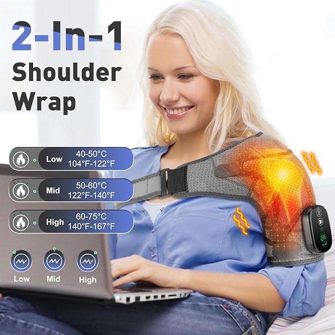 Cordless Shoulder Heating Pad with Massage, Heated Shoulder Wrap for Pain Relief, Heated Shoulder Brace Massager for Frozen Shoulder Deep Tissue