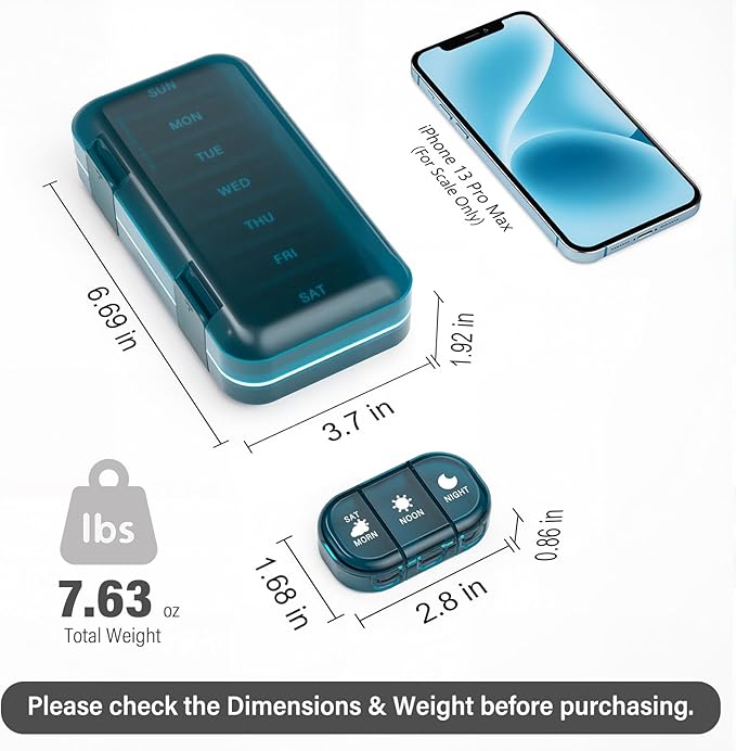 Vikie Weekly Pill Organizer 3 Times a Day with Morn NOON Night Sections, BPA-Free, Portable & Moisture-Proof for Pills, Vitamins, Supplements (3x7 Blue)