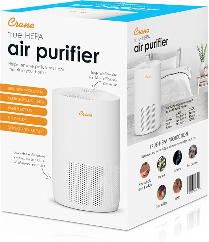 Crane True HEPA Air Purifiers for Home, Up To 300 Sq Ft, Air Purifiers For Bedroom, and Office, Removes Dust, Smoke, Pet Dander, and Allergens, Purifier HEPA with Sleep Timer, Child Lock, Filter Alert