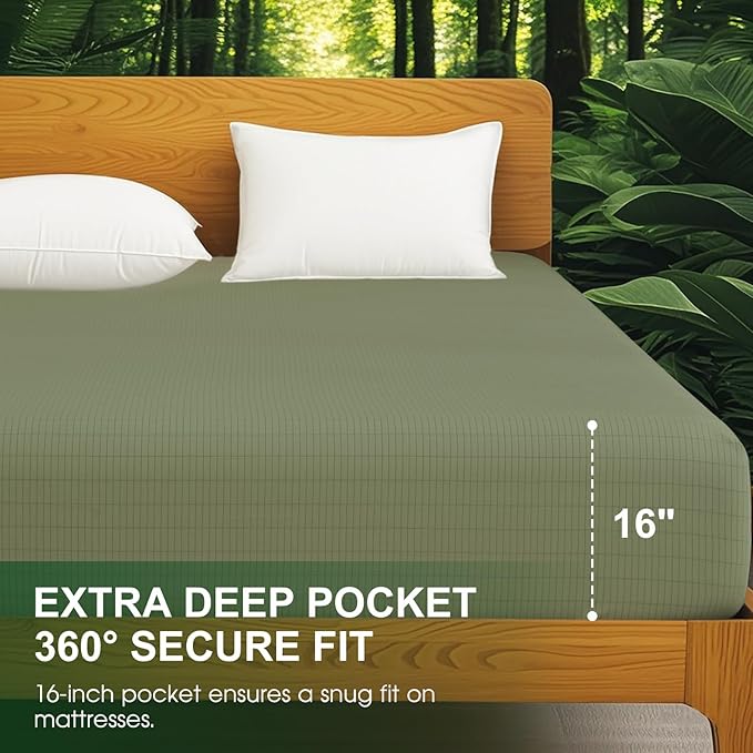 Ivellow Grounding Sheets King 10% Pure Silver Fiber 90% Organic Cotton Sheets King Size 16” Deep Pocket Soft Breathable Grounded Sheet Earth Connected Bedding Fitted Sheet with Grounding Cord Green