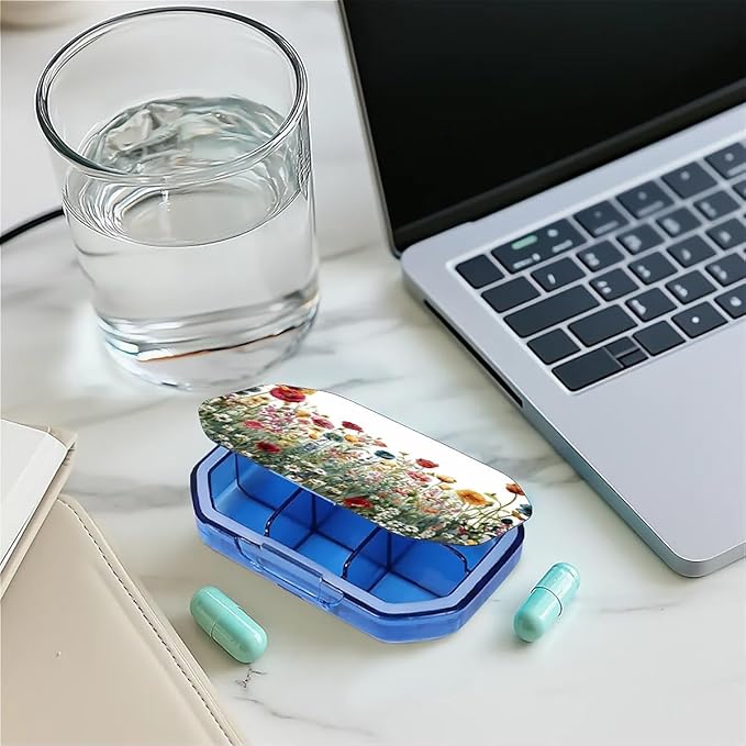 This Portable Watercolor Wildflower Pattern 6-Compartment Pillbox Can Be Placed in A Pocket Or Wallet to Store Vitamins, Medicines Fish Oil Health Supplements Other Medications.