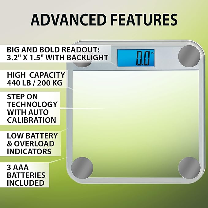 Eat Smart Digital Bathroom Scale, Highly Accurate Digital Bathroom Scale for Body Weight, 440 lb Capacity, Large Durable Glass Platform, Step On Technology, Silver