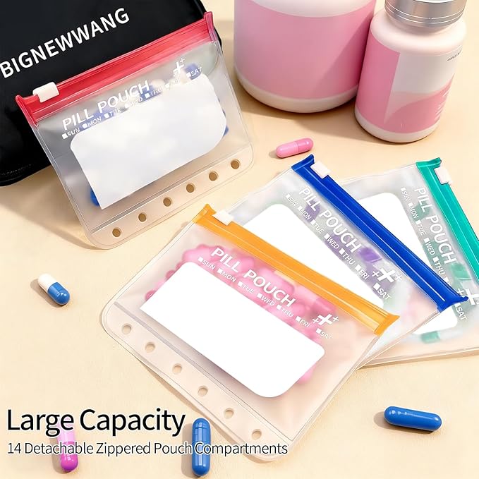Extra Large Weekly Waterproof Pill Organizer Set, Reusable Pill Bags with 14 Coded AM PM Pouches for Home and Travel, 7 Day Portable Medicine Pill Case for Fish Oils, Vitamins (Black)