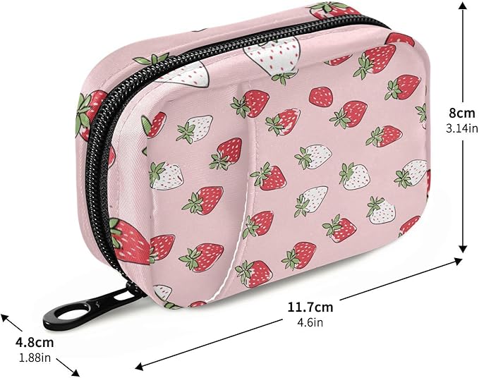Pink White Strawberries Travel Pill Organizer Case Box Container Weekly Portable Vitamin Medicine Holder Storage Bag with Zipper Removable