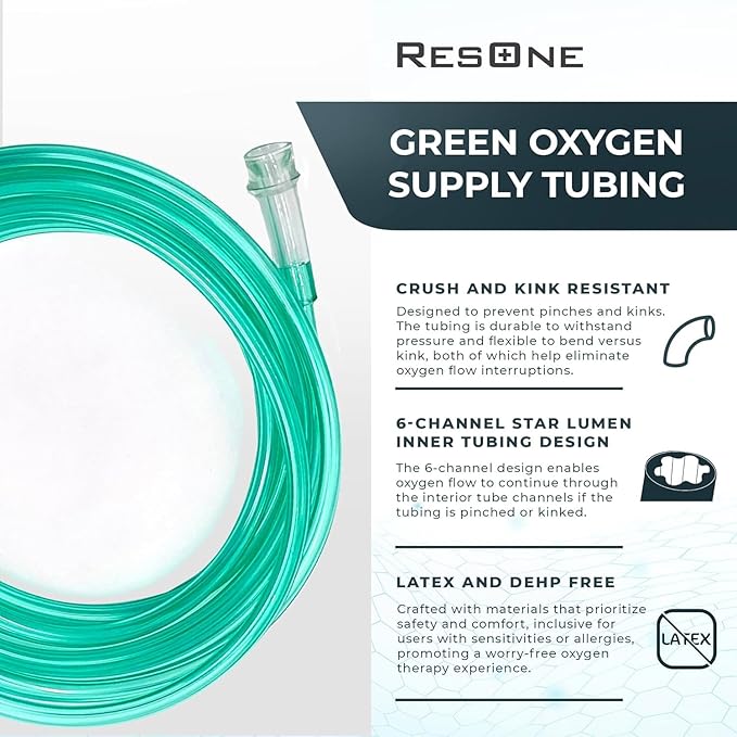 ResOne 5pk 25Ft Oxygen Supply Tubing, Crush Resistant, Standard Connectors for Nasal Cannulas, Cannula Nasal Tubing, Oxygen Concentrator - Green