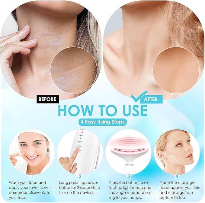 Face Massager -7 Color Red-Light-Therapy for Face and Neck for Wrinkles, Double Chin, Vibrating Facial Massager with Thermals (White)