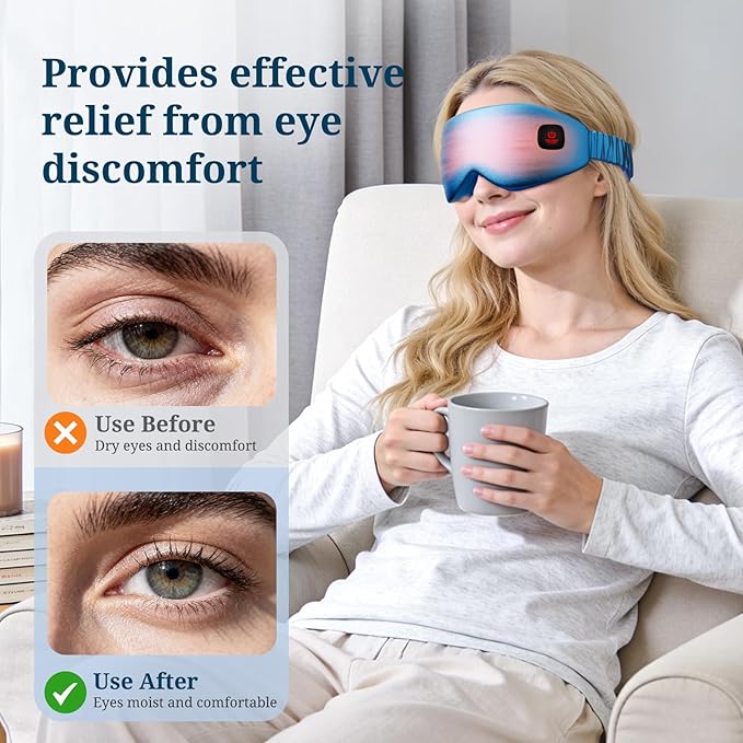 100% Silk Wireless Heated Eye Mask with Cooling - 3 Heat Settings, for Dry Eyes, Puffiness & Dark Circles - Adjustable, Washable, Travel-Friendly (Blue)