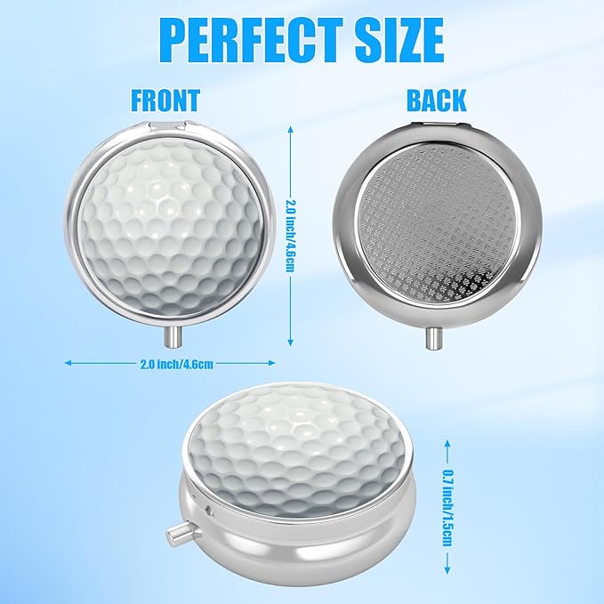 Golf Ball Pill Case,Sprot Ball Pill Box 3 Compartments Metal Small Pill Holder with Mirror Mini Travel Pill Container for Purse Pocket Women Men