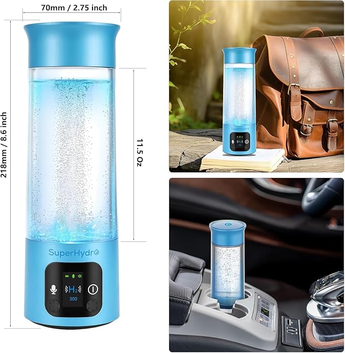 Hydrogen Water Bottle Generator - Up to 6000+ PPB Concentration - SPE/PEM Technology - Voice Reminder - Water Ionizer Machine Suitable for Travel, Daily and Office Drinking - 12oz (Blue)