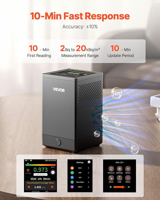 VEVOR Home Radon Detector, 2Bq to 20kBq/m³, HD Color Screen for Real-time Display, Short-Term & Long-Term Monitoring, Portable with LCD Screen, Multiple Detection Periods Support, Battery Powered