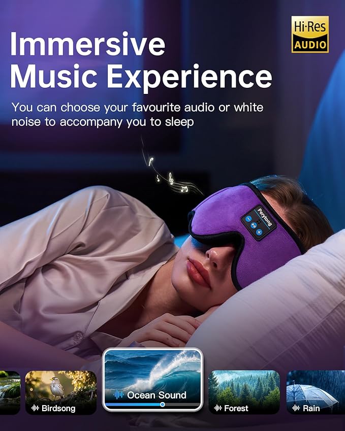 Sleep Mask with Bluetooth 5.4 Headphones, Wireless Music Sleep Eye Mask for Side Sleepers, 3D Contoured Comfort & Built-in HD Stereo Earphones, Blackout for Travel (Deep Lavender)