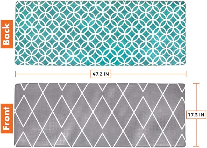 OPUX Anti Fatigue Kitchen Floor Mat, Reversible Cushioned Memory Foam Kitchen Rug Pad, Waterproof Non-Slip Padded Comfort Standing Mat Office Laundry Home, 47x17 (Geometric Teal Gray)