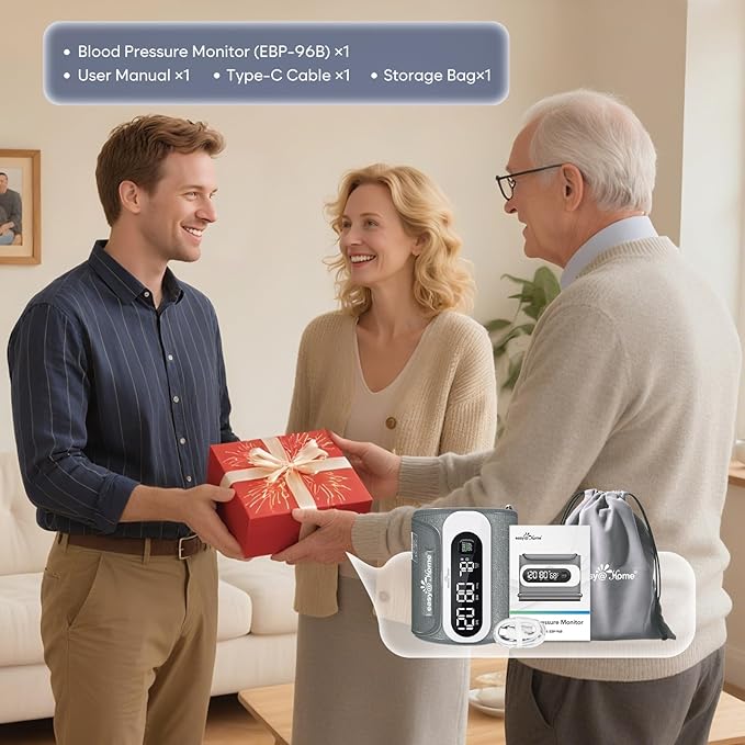 Wireless Bluetooth Blood Pressure Monitor for Home Use: Easy@Home Rechargeable BP Machine with Large Cuff, Free MyHeartPal App, One-Piece Design, Compact & Portable, iOS & Android Compatible, EBP-96B