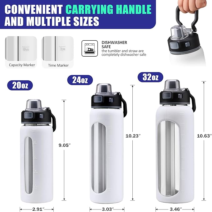 Kodrine 24oz Glass Water Bottle With Straw-2 lids-Reusable Daily Water Intake Glass Bottle with Measurements,Silicone Sleeve, Time Marker, Cupholder Friendly for Home,Gym,Sports-White