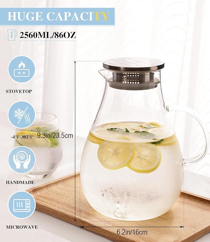 Glass Pitcher, 86oz Glass Water Pitcher with Lid and Handle, Large Borosilicate Hot/Cold Water Jug for Iced Tea, Sangria and Juice Beverage