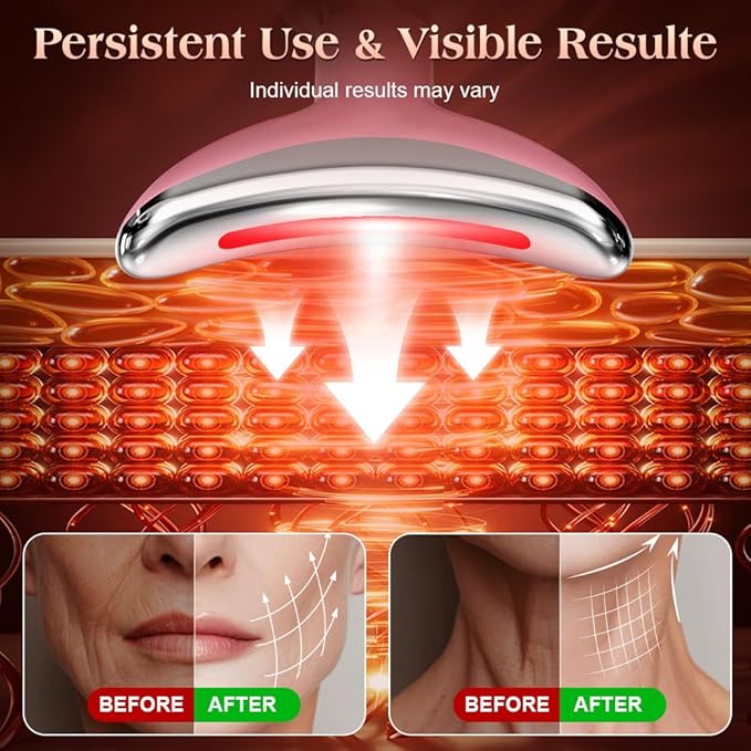 Face and Neck Massager Tool with Heat & 3 Light Therapies, Smart Vibration, Red-Light-Therapy and EMS Modes, Gua Sha Facial Tools for Face and Neck Skin Care and TMJ Relief (Pink)