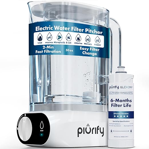Compact 50 OZ Countertop Electric Water Filter Pitcher | Removes 99% of Lead, Microplastics, PFAS & Chlorine | Advanced Carbon Block & UltraFiltration Technology | 6 Months Filter Life