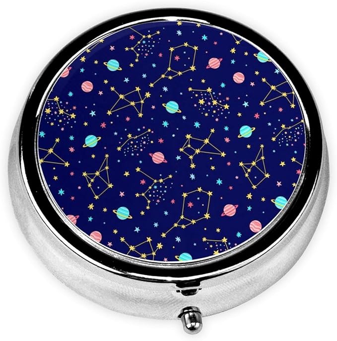 Blue Zodiac Galaxy Starry Night Stars Glow in The Dark Midnight Custom Round Silver Pill Box Pocket Medicine Tablet Holder Organizer Case for Purse
