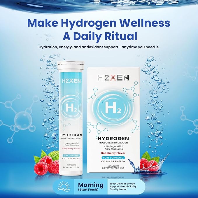 Molecular Hydrogen Tablets with Magnesium - 8 PPM Hydrogen Water Tablets for Drinking Water - Rich in Antioxidants, Supports Healthy Aging, Cellular Energy & Brain Health (60 Counts, Raspberry)