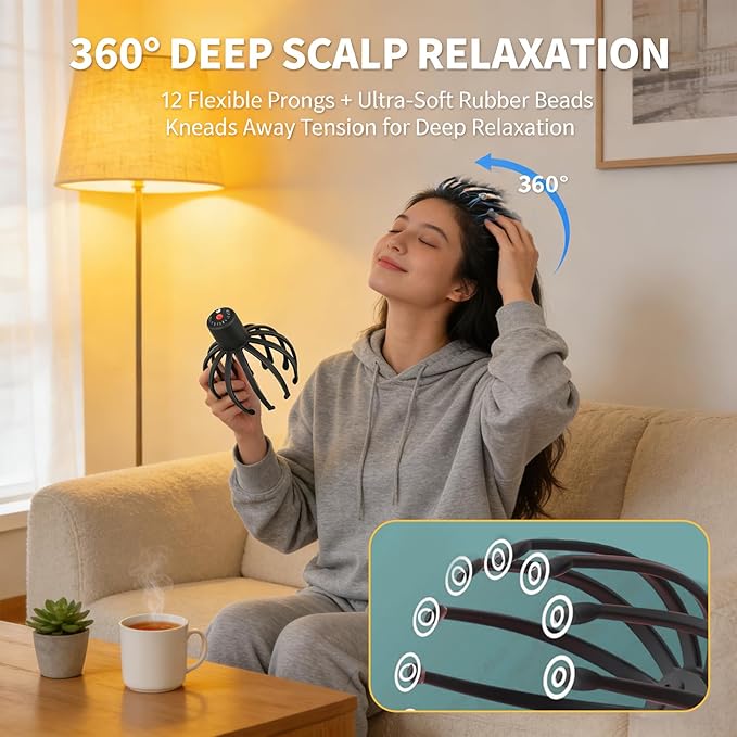 Electric Scalp Massager, Head Massager with 3 Modes, Deep Stress Relax, 360° Rotation Head Massager Scalp, Rechargeable Cordless Portable Automatic Head Scratcher, Home & Travel