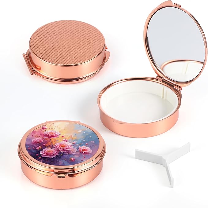 Dynippy Pill Case Pill Box with Mirror Pocket 3 Compartment Medicine Case Vitamin Pill Organizer for Pocket Purse and Travel (Round, Rose Gold-BloomGlow)