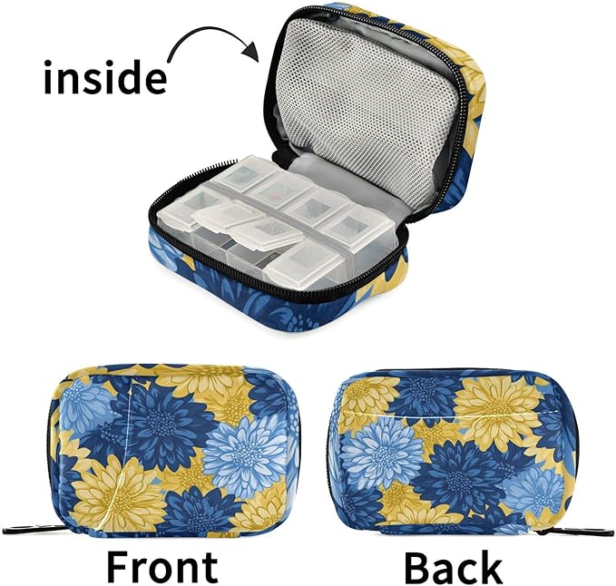Travel Pill Case Chrysanthemum Flower Weekly Small Pill Box 7 Day Pill Box Pill Organizer Bag
