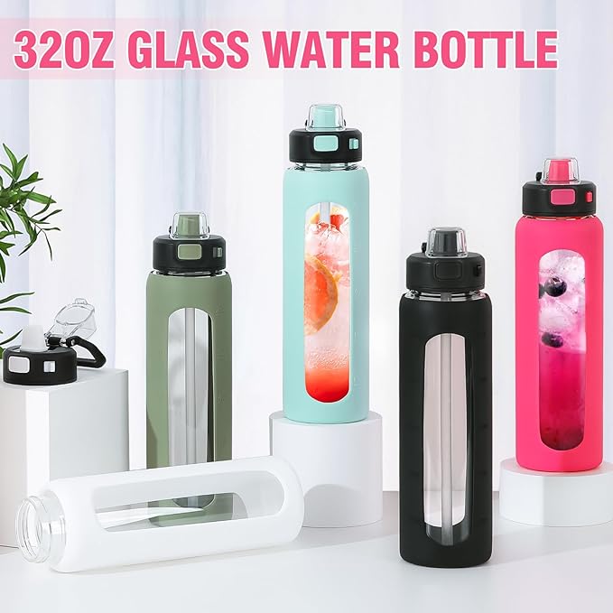 Kodrine 32 oz Glass Water Bottle with Straw and Carry Loop, One-Touch Leakproof Locking Lid, Reusable Drinking Bottle with Time Marker for Travel Home Gym Sports (Rose Red)