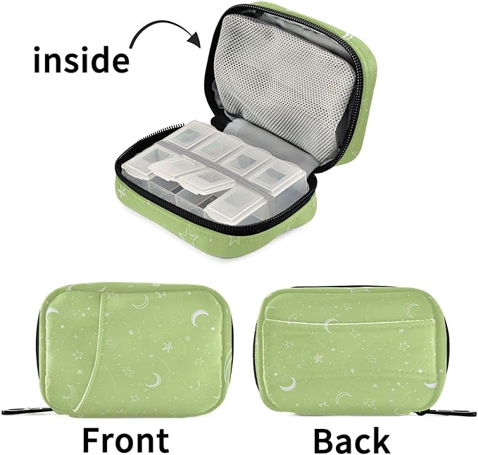Bright Green Moons and Stars Travel Pill Organizer Case Box Container Weekly Portable Vitamin Medicine Holder Storage Bag with Zipper Removable