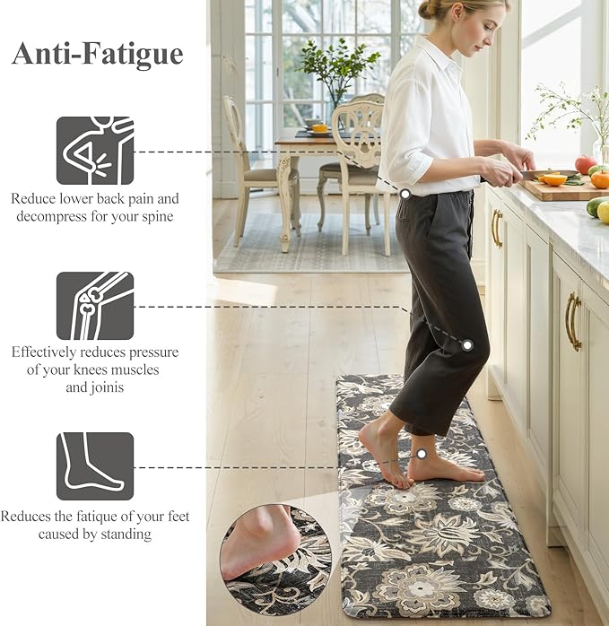 LEEVAN Anti Fatigue Mats for Kitchen Floor 2 Piece,Cushioned Memory Foam Black Kitchen Mats for Floor,Comfort Floral Boho Non Slip Kitchen Floor Mat for Sink,Laundry,Office(20"x31"+20"x47")