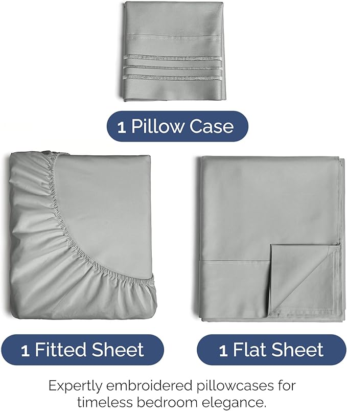 Twin XL Size 3 Piece Sheet Set - Extra Soft, Breathable & Cooling Sheets - Hotel Luxury Bed Sheets for Women & Men - Deep Pockets, Easy-Fit & Wrinkle-Free Sheets - Light Slate Grey Oeko-Tex Bed Sheets