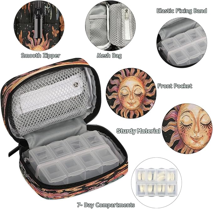 Flowers Sun Mushroom Butterfly Travel Pill Organizer Box Weekly Portable Pill Case Daily Pills 7 Day Small Birth Control Pills Container Removable Compartments for Medicine Vitamins Fish Oil