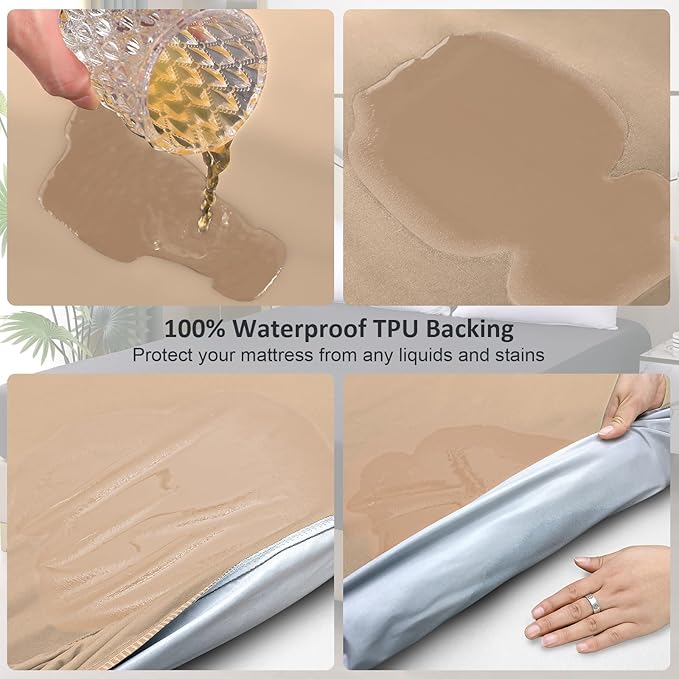 Twin Mattress Protector Waterproof, Fitted Sheet Style Breathable Mattress Cover with Deep Pocket Fits Up to 18'', Noiseless Bed Cover for Kids Adults, Machine Washable (Light Tan, 39'' X 75'')