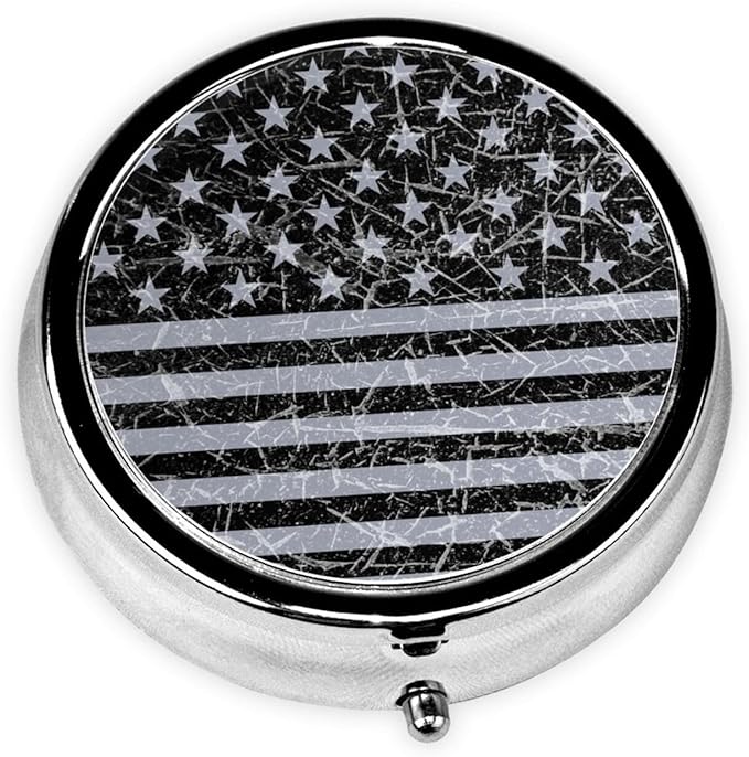 Round Stainless Steel Pill Box Case Vintage USA Flag Retro American Flag, Pocket 3 inches Medicine Tablet Holder Organizer Case for Purse - Compact 3 Compartment