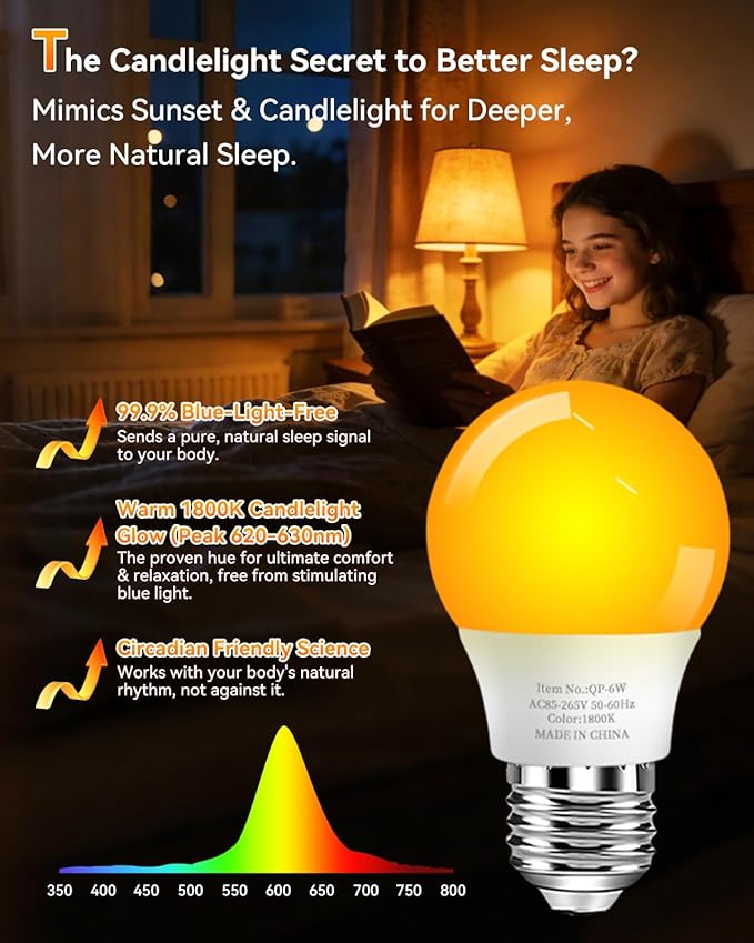 Neporal Amber Sleep Light Bulbs 1800K 4PK, 6W 40 Watt Equivalent, 99.96% Blue Blocking Soft Warm Light Bulbs A15, Amber Night Light E26 for Bedroom and Baby Nursery Light