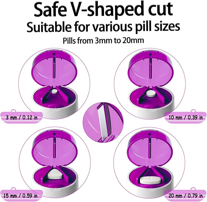 Pill Cutter Splitter for Small and Tiny Pills Vitamins Tablets, Built-in Storage Compartment, Pill Crusher Fine Powder with Stainless Steel Grinding Head,Pills Grinder with Pill Box Organizer (Purple)